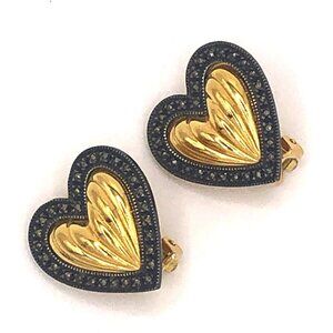 Vintage Judith Jack Gold Tone Marcasite Halo Puffy Heart Clip-On 1" Earrings